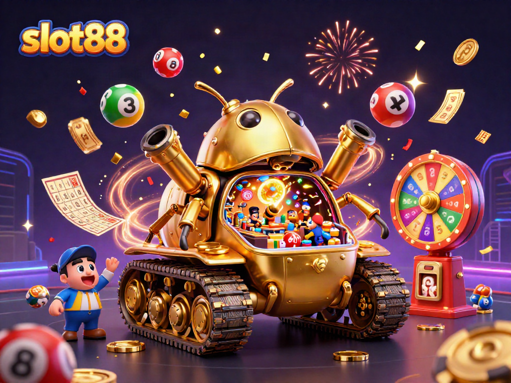 Experience the excitement of slot88 with a vibrant 3D casino scene featuring games and celebrations.
