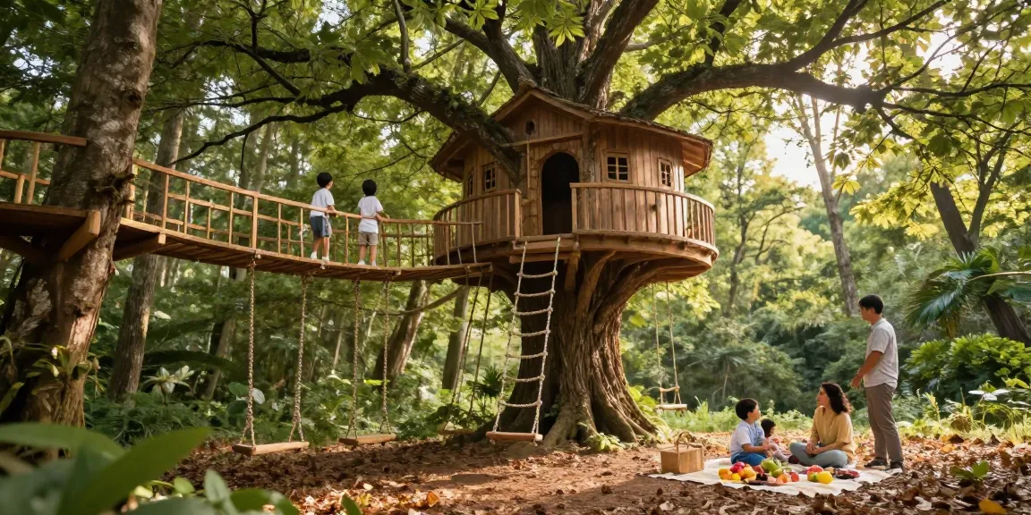 Magical treehouses in a forest scene with a family exploring and enjoying outdoor fun.