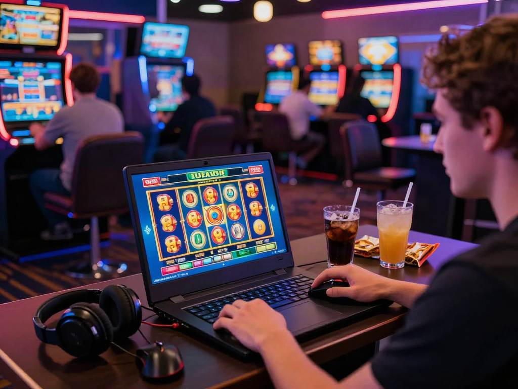 Engaged player enjoying rutanslot gaming experience in vibrant casino environment.
