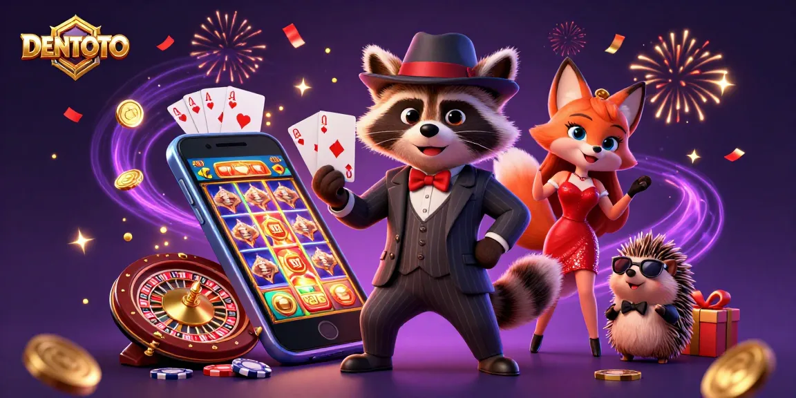 DENTOTO brings thrilling casino action to life with a raccoon in a suit, fox in sequins, and a bouncer amidst dynamic slot games.