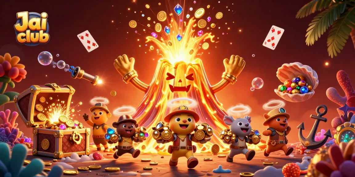 Experience the thrilling Jai club gaming adventure with a golden volcano erupting treasures and playful characters.