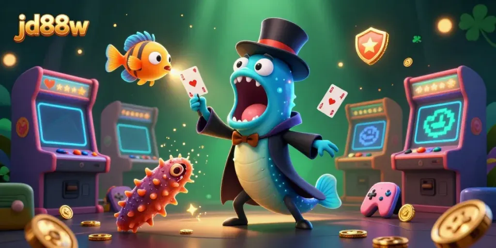 Engaging jd88w illustration showcasing a bioluminescent eel performing card tricks amid vibrant casino-themed elements.