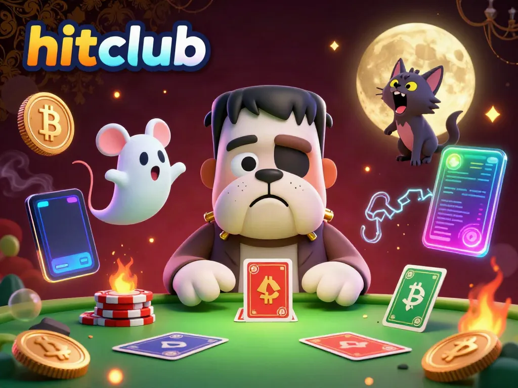 Hitclub's Frankenstein bulldog deals cards in a spooky casino scene filled with NFTs and cryptocurrency elements.