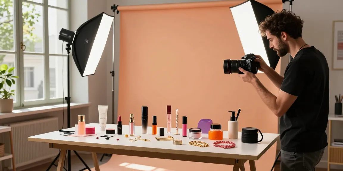 Photographe produits Milan en studio créatif présentant des cosmétiques et accessoires avec lumière douce.