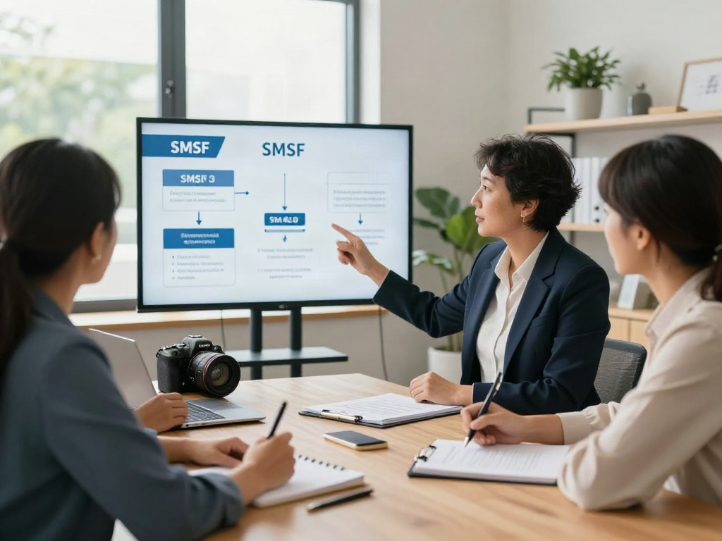 SMSF set up consultation with financial advisor explaining processes in a professional meeting room