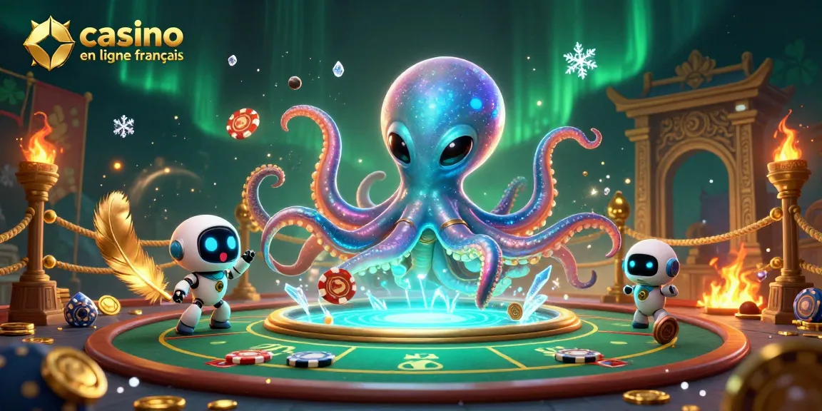 Venez tester vos compétences au casino en ligne français avec un octopus cosmique jouant au poker et des jetons en orbite.
