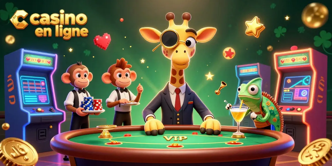 Vivez l'expérience du casino en ligne avec une illustration 3D dynamique de jeux et personnages captivants.