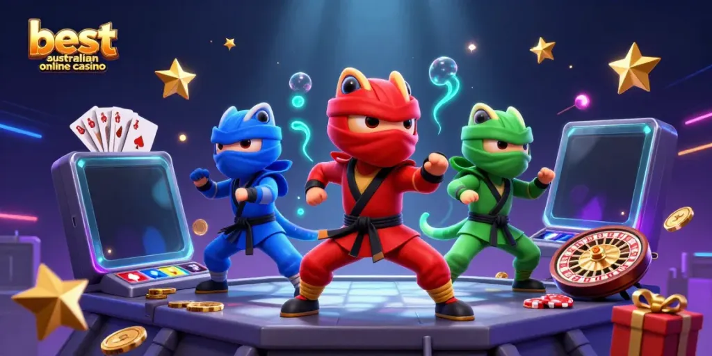 Experience the vibrant action with the best australian online casino as ninja chameleons engage in dynamic poses, enriched with casino elements.