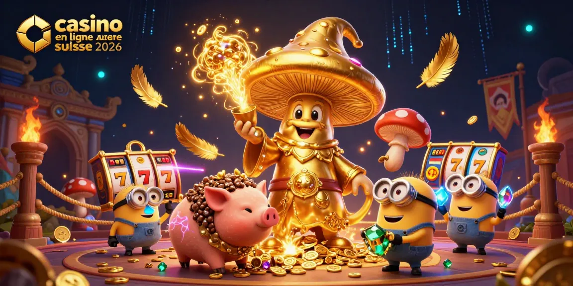 Illustration animée 3D de casino en ligne suisse 2026 avec un magicien champignon et des éléments de jeu