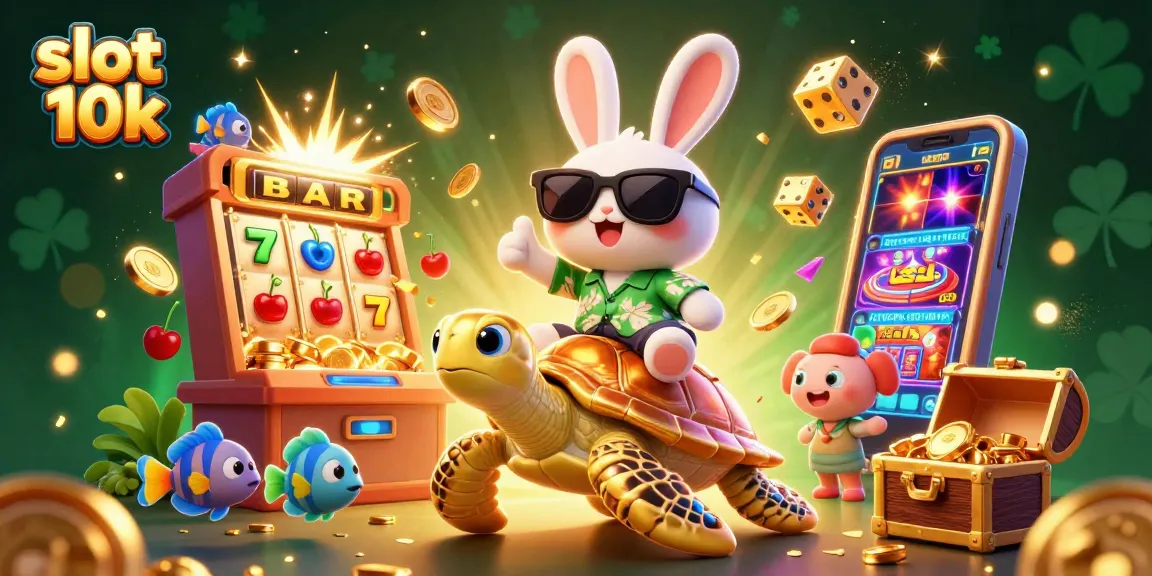 Experience the thrilling action of slot 10k with a lucky rabbit and a golden sea turtle in this vibrant casino illustration.