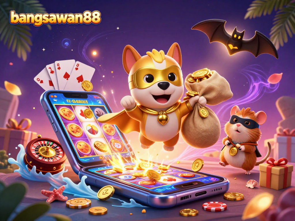 Engage with bangsawan88's thrill as a superhero dog and sidekick hamster capture gold coins in a vibrant casino world.