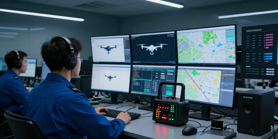 Technician monitoring drone activity with Anti drone jammer devices in high-tech security operations center.