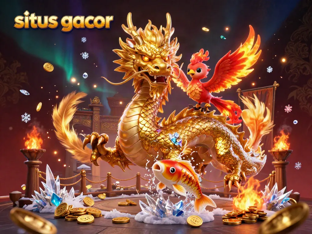 Engage in thrilling games at situs gacor with golden dragon, phoenix, and koi fish amidst dynamic casino elements.