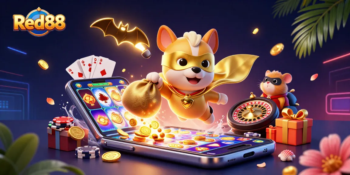 Red88 features a superhero dog and hamster amidst vibrant casino elements in this animated scene.