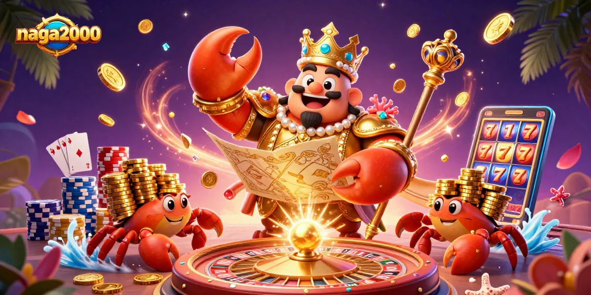 Naga2000 hadir dengan crab emas megah di kasino, dikelilingi koin emas dan chip slot.