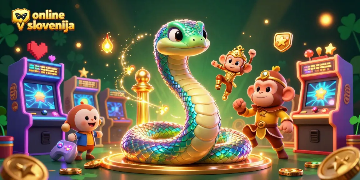 Zabava v online casino v Sloveniji z iridescentno kačo in kraljem opic.
