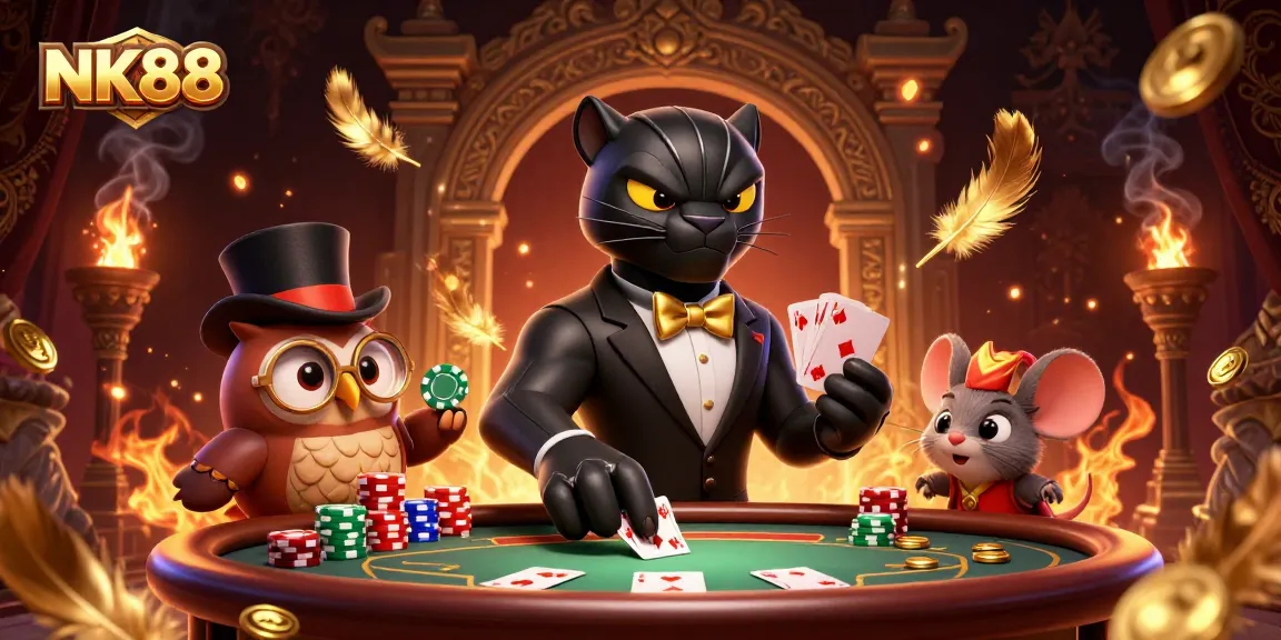 Engage in the thrill of poker at NK88 with a stylish black panther dealer and lucky companions.