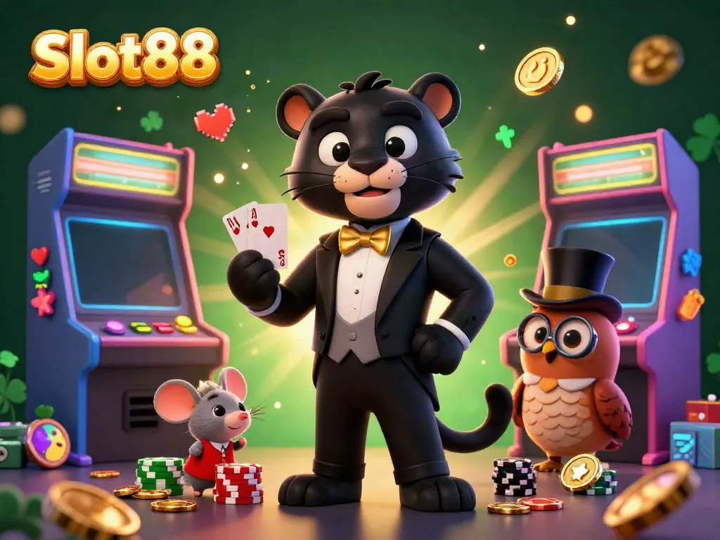 Slot88 menghadirkan ilustrasi menarik dengan puma stylish, burung hantu, dan tikus keberuntungan di kasino virtual.