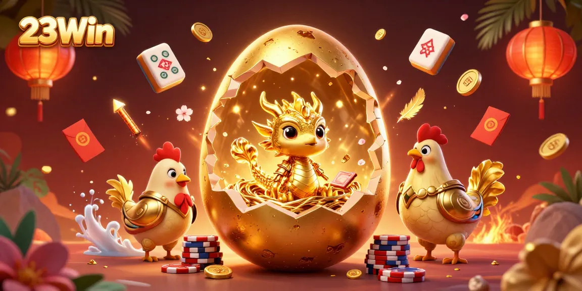 Engage with 23Win as the golden dragon emerges from its nest of poker chips amid festive casino elements.
