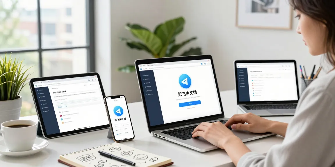 Engaged user exploring 纸飞机中文版 on multiple devices in a modern digital workspace.