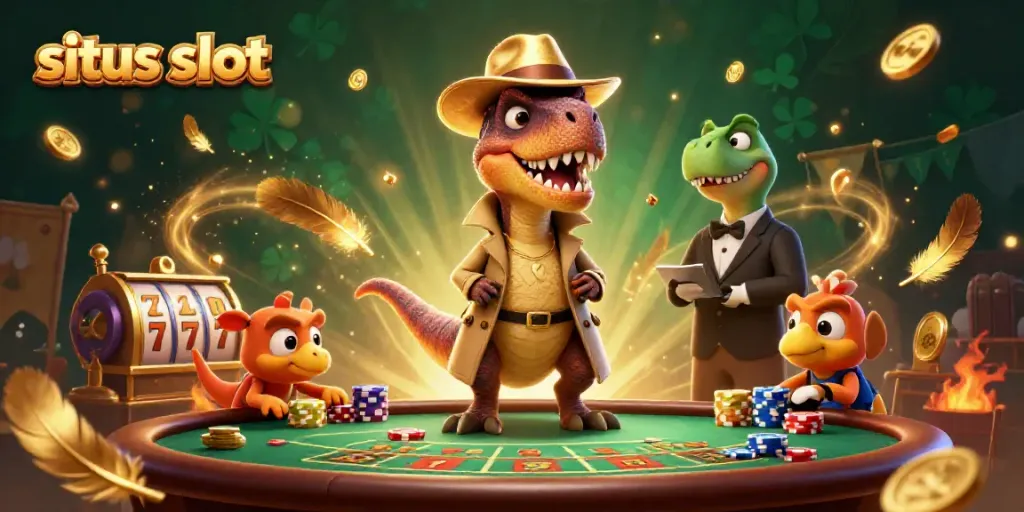 Engage in excitement at the situs slot with clever velociraptors amidst dynamic casino elements.