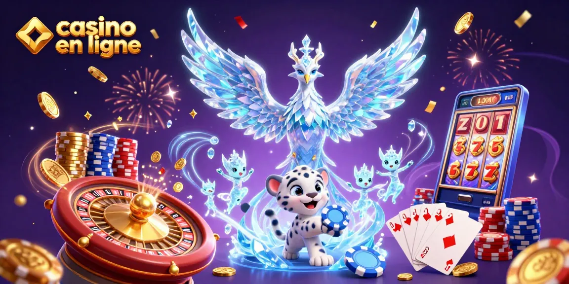 Vivez l'excitation du casino en ligne avec le phœnix de glace, le léopard des neiges et des esprits lumineux dans une scène vibrante.