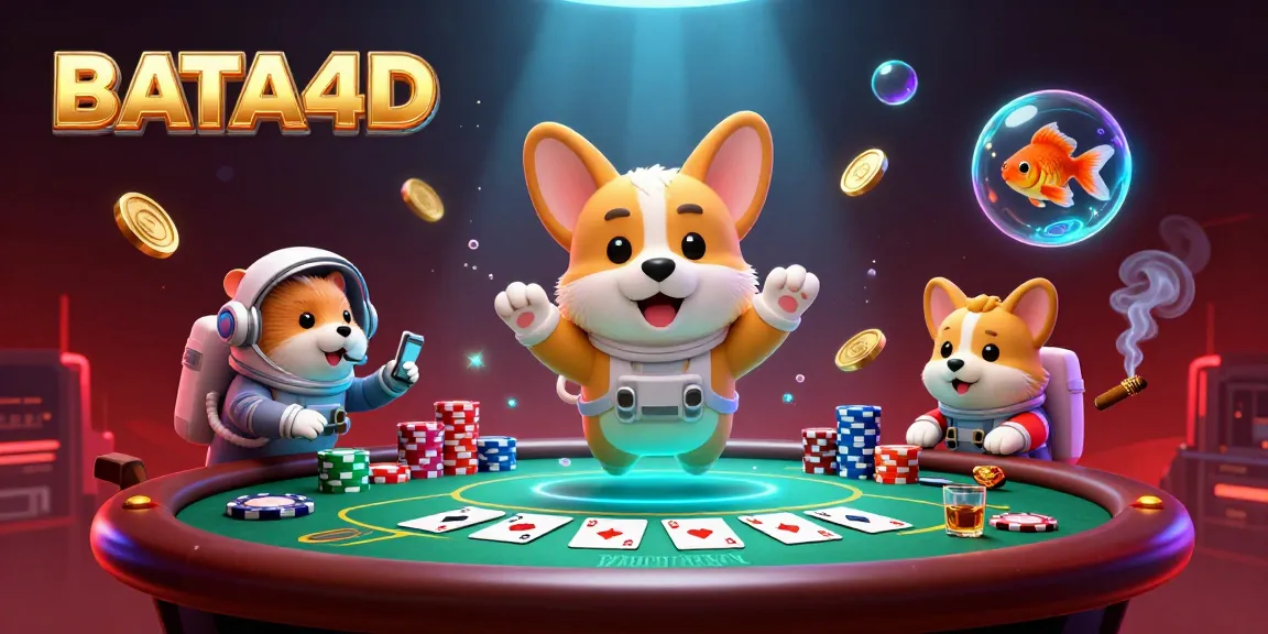 BATA4D showcases a dynamic casino scene with a 3D cartoon astronaut corgi among floating poker chips and coins.