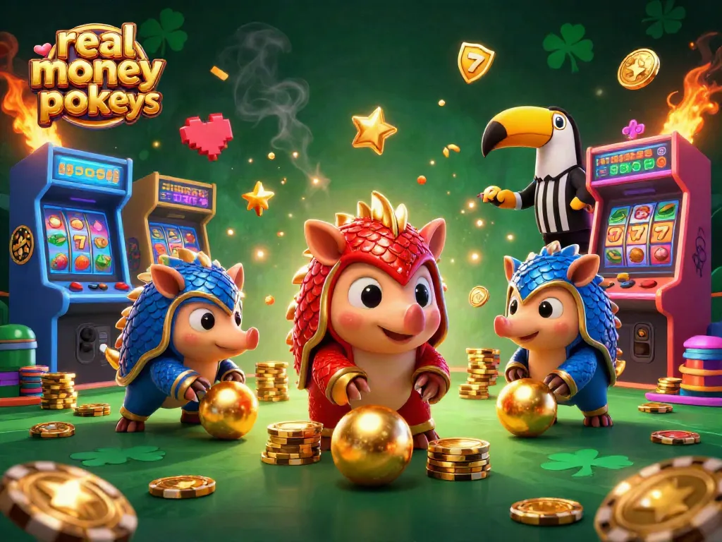 Experience real money pokies with vibrant 3D pangolins, stacking poker chips and slot elements.