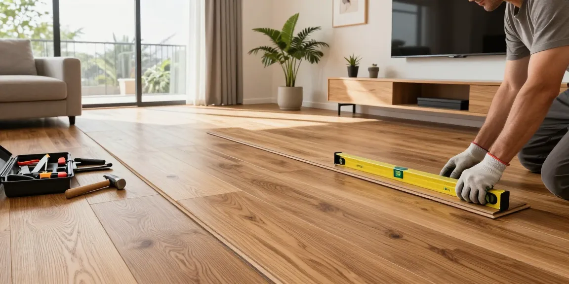Expert contractor installing flooring software solutions, showcasing modern hardwood floor installation techniques with precision tools.
