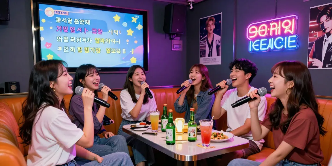 Friends enjoying 강남가라오케 in a colorful karaoke room with vibrant lighting and drinks.