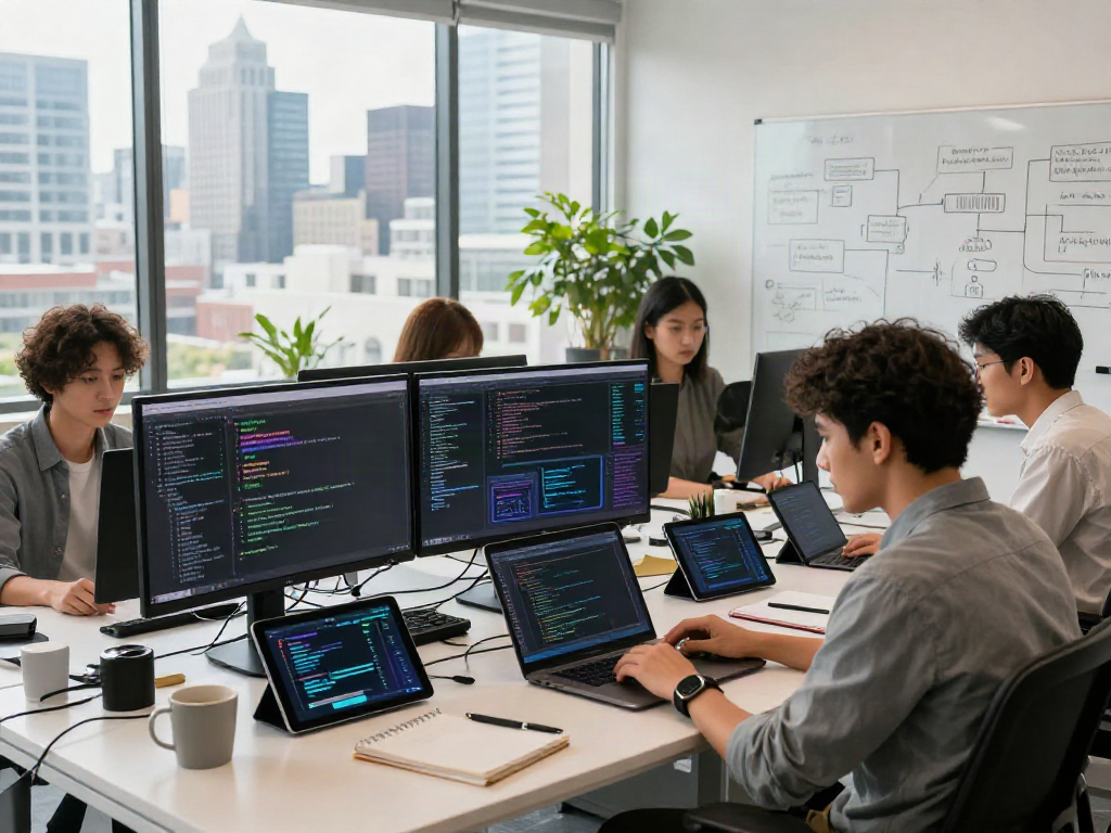 Team using AI Detector technology in a modern workspace environment with dual monitors, laptops, and city view.