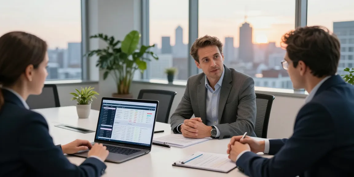 Serge Robichaud discussing financial strategies with clients in a modern office setting.