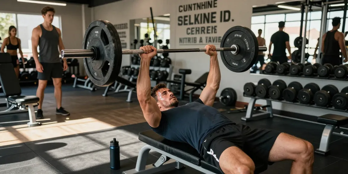 Driada Shop fitness scene showcasing a bodybuilder performing bench press with weights in a motivational gym environment.