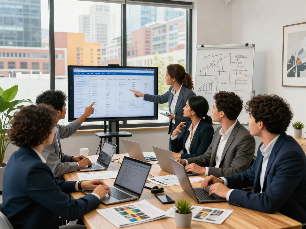 Team of real estate agents discussing strategies with market analytics and property information, emphasizing depo 10k insights.