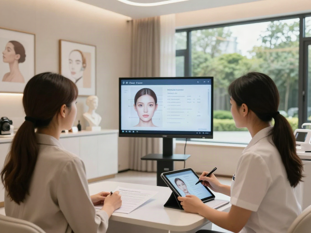 A patient reviews facial metrics in a ClinicEvo vs QOVES consultation, showcasing modern beauty analysis.