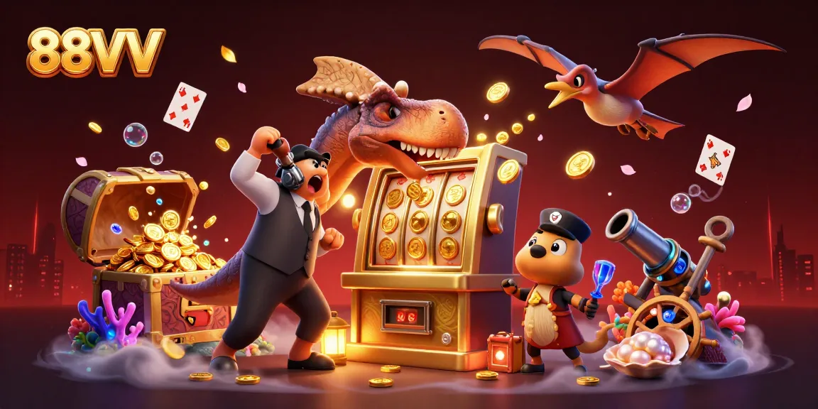 88VV slot machine scene with dynamic characters and vibrant casino elements