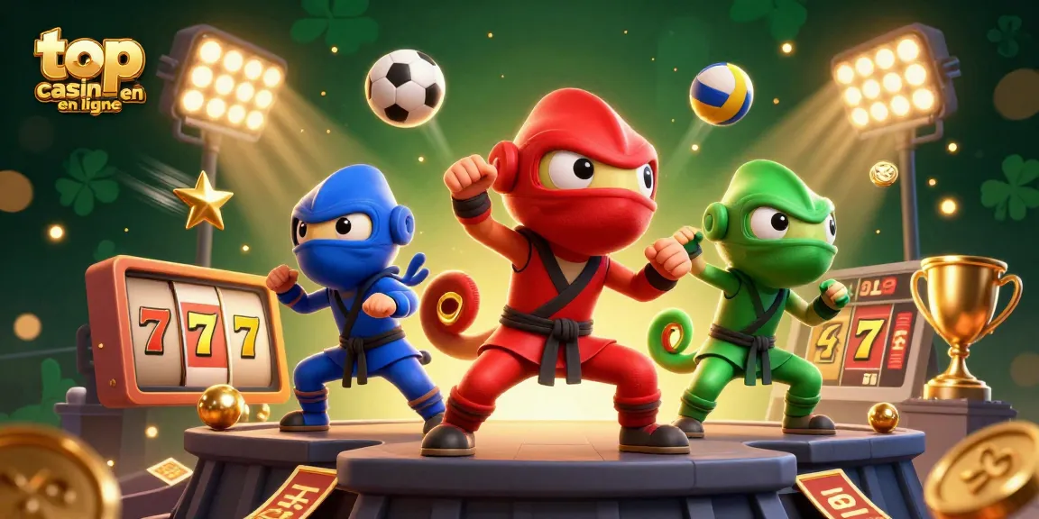 Visuel dynamique de top casino en ligne avec des chameleons ninjas et des éléments de jeu captivants.