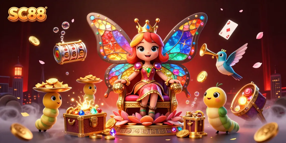 SC88 immersive gaming illustration showcasing a vibrant butterfly queen amidst slot reels and golden tokens.