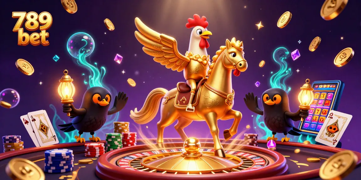 Experience thrilling gaming with 789 bet, featuring a golden rooster champion among vibrant casino elements.