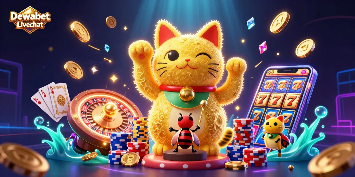 Dewabet Livechat showcases an engaging 3D casino scene filled with vibrant characters and gaming elements.