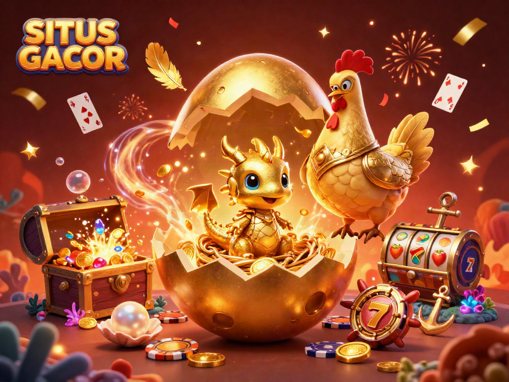 SITUS GACOR showcases a vibrant, winning gaming scene with golden dragon and poker chips.