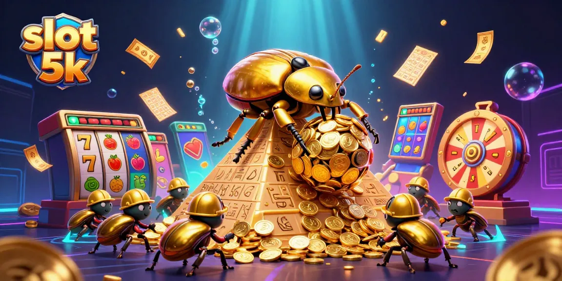 Spin to win with slot 5k as golden beetles roll in a vibrant casino scene.