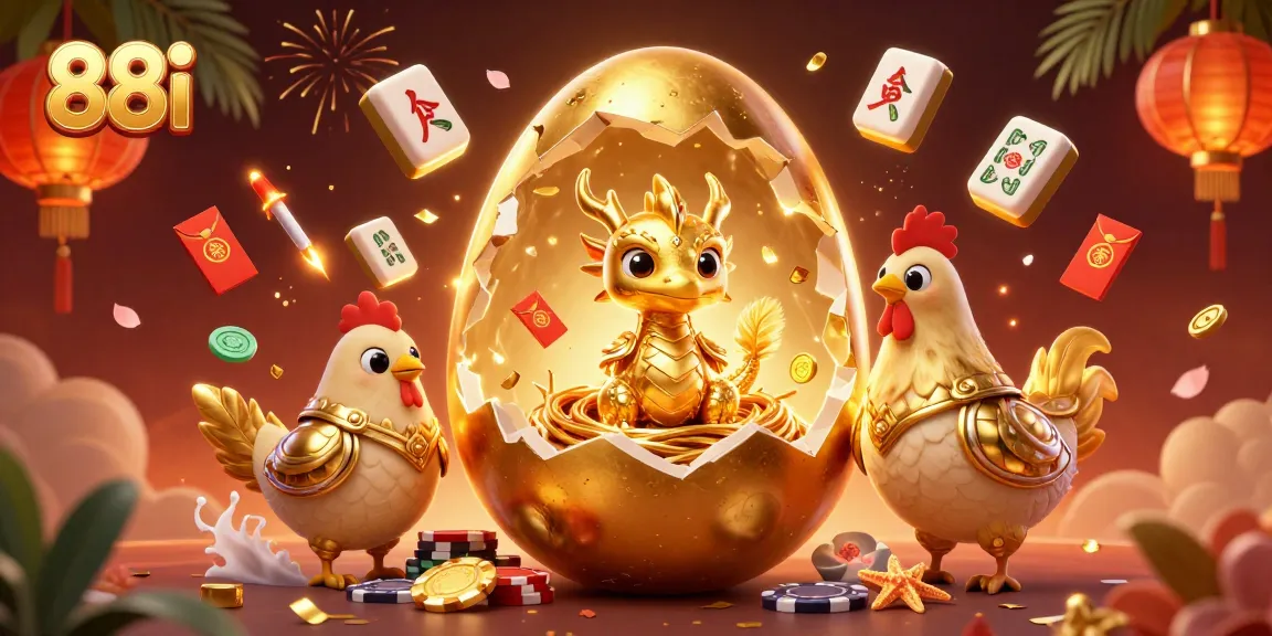 Win big with 88i in this vibrant illustration of a golden dragon and casino games.
