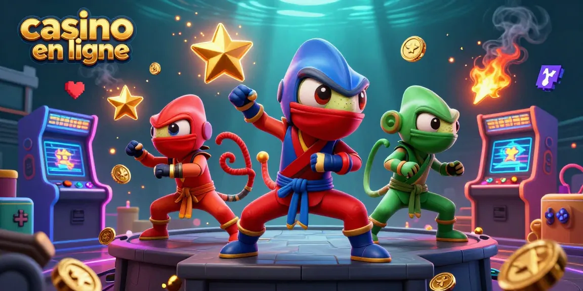 Engagez-vous dans le jeu de casino en ligne à travers des illustrations 3D colorées de caméléons ninjas et des thèmes d'arcade vibrants.