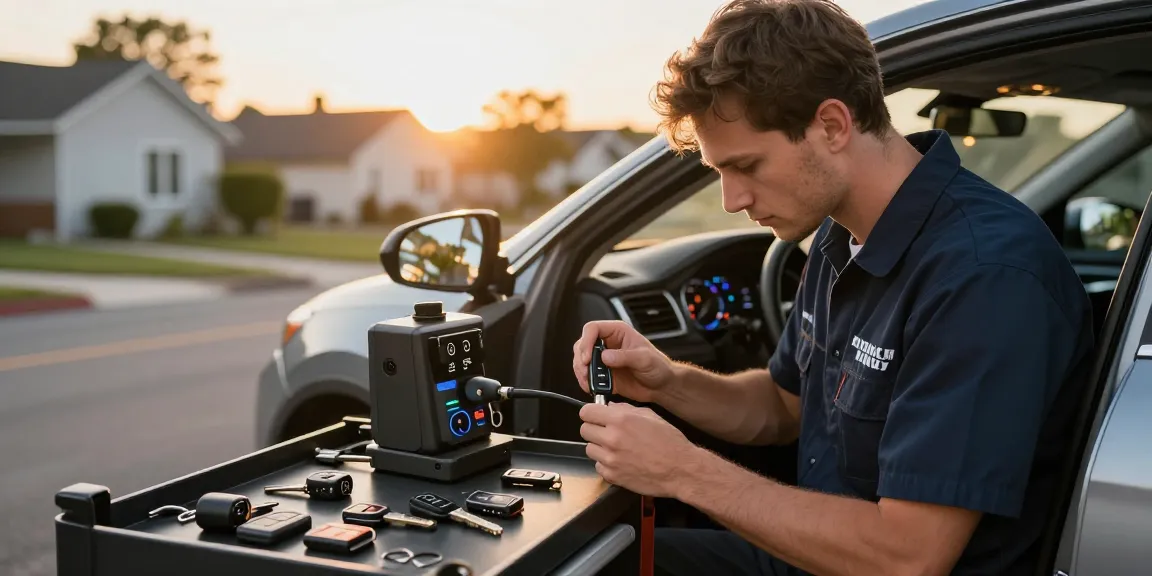 Autosleutel bijmaken service in action, highlighting a locksmith programming smart key for a vehicle.