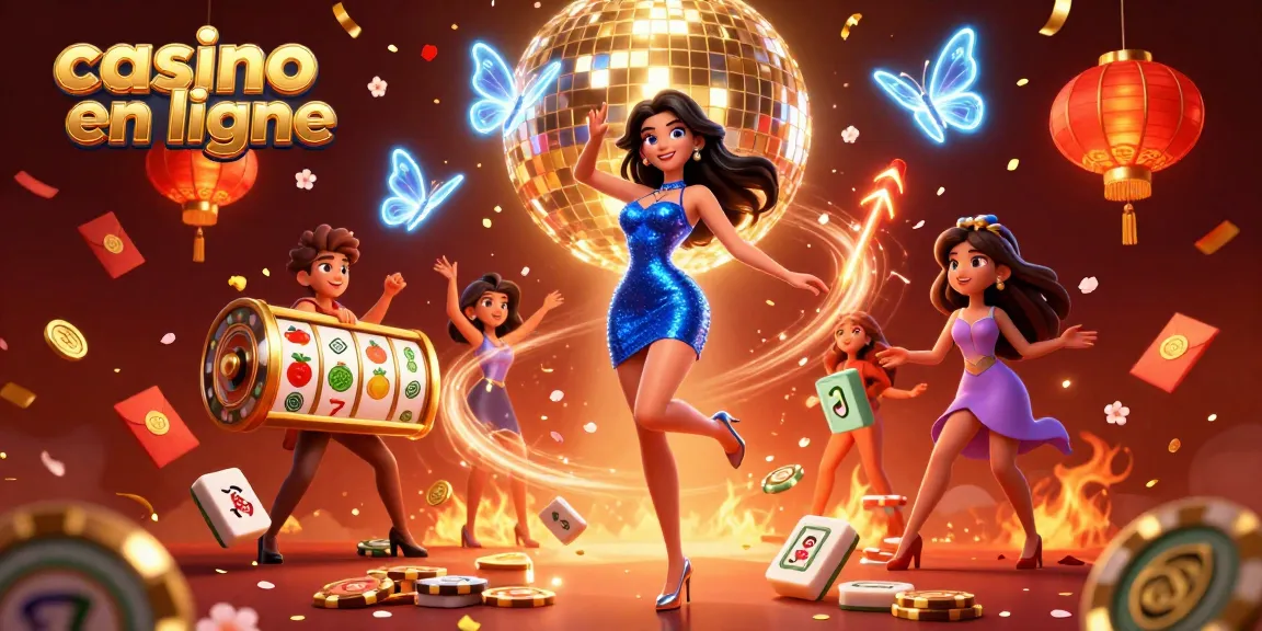 Vivez l'excitation avec le casino en ligne alors qu'une femme glamour danse parmi les éléments dynamiques des jeux de casino.
