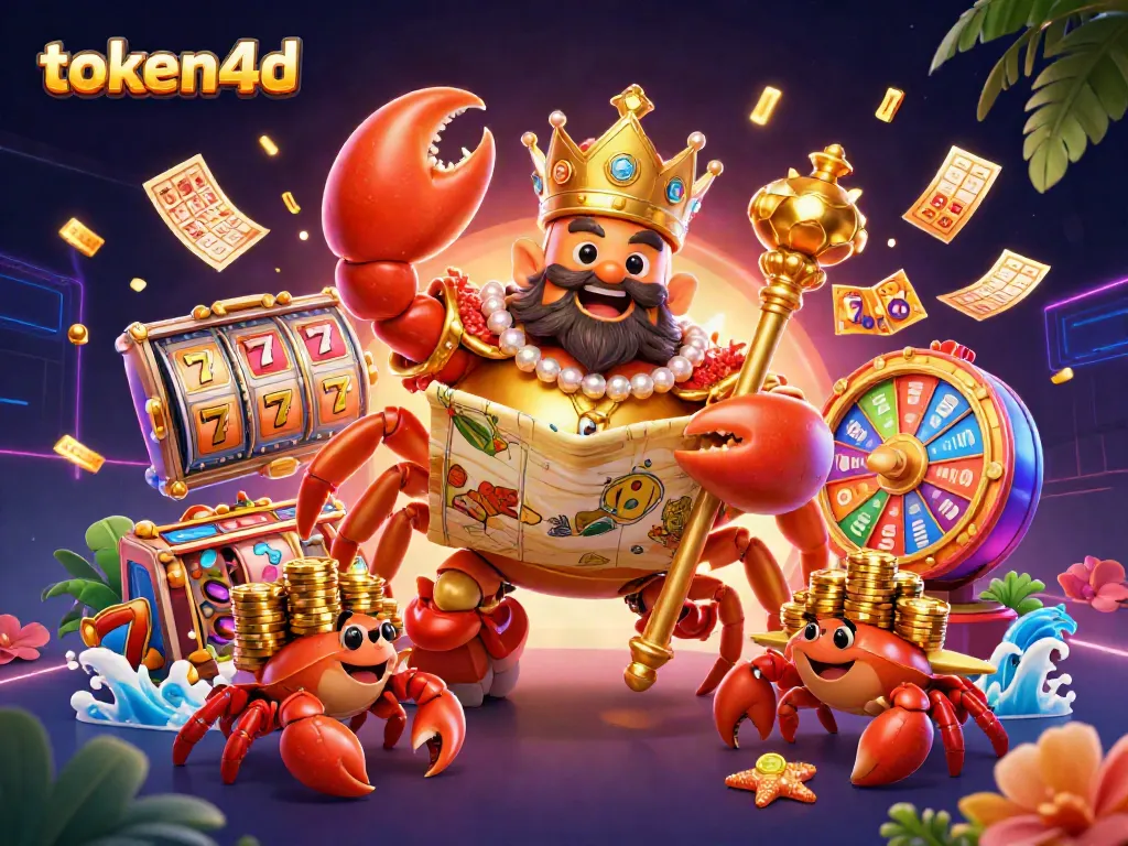 Permainan slot token4d yang menggembirakan dengan rajah kepiting emas dan harta karun yang berkilauan.