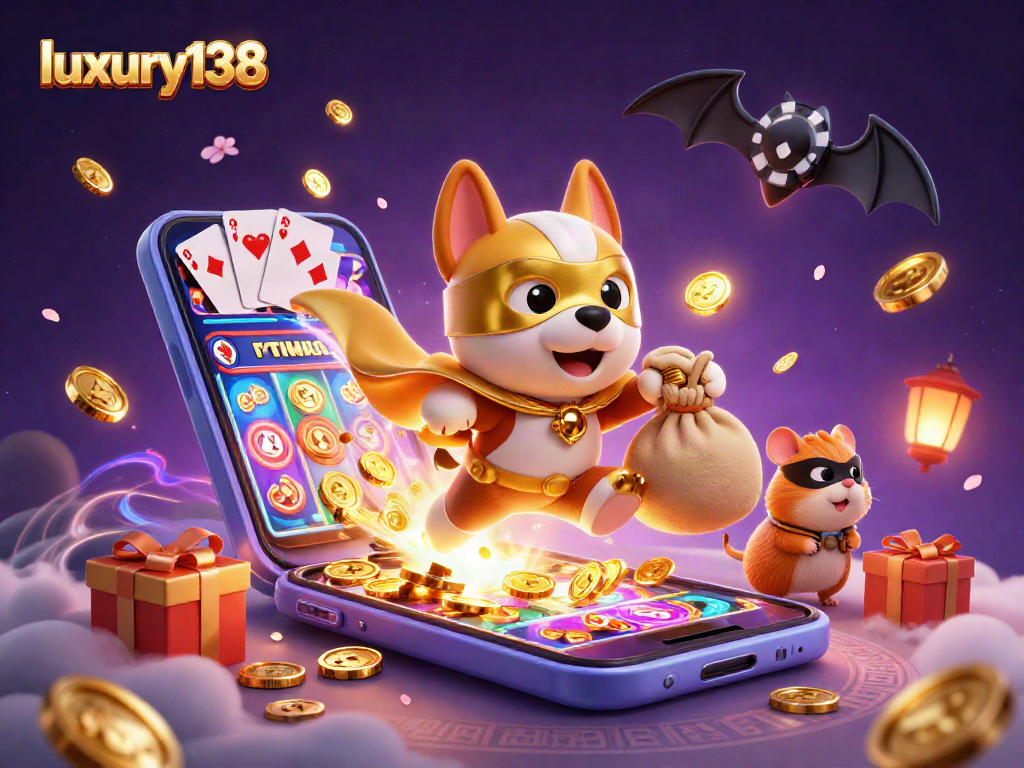 Mainkan slot online dengan strategis di luxury138, tampak pahlawan anjing terbang membawa koin emas.