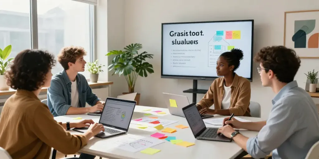 Collaboration in a vibrant workspace using AI tools for brand slogans.