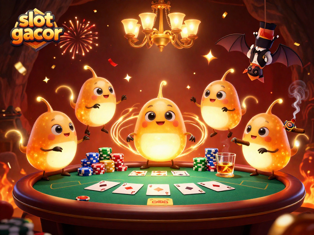 Permainan slot gacor dengan cahaya glowworms dan dealer kelelawar dalam kasino penuh warna.